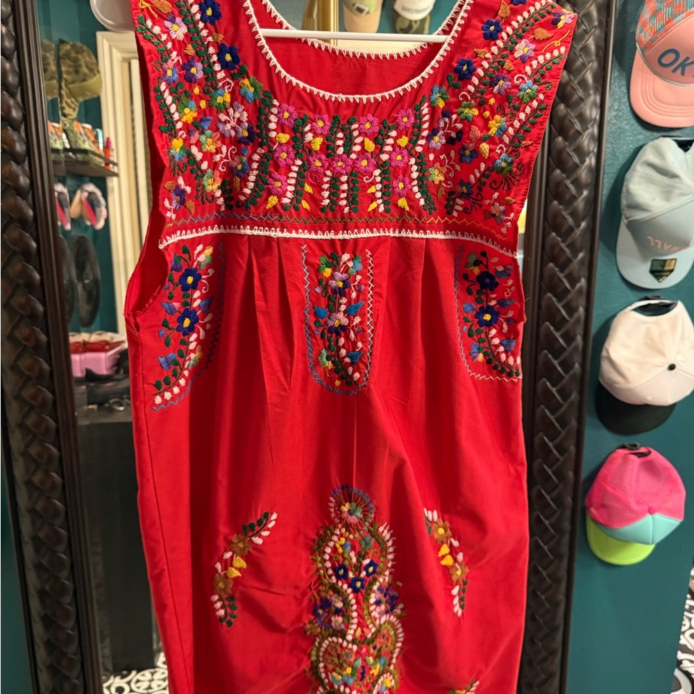 Embroidered Red Mexican-Style Midi Dress